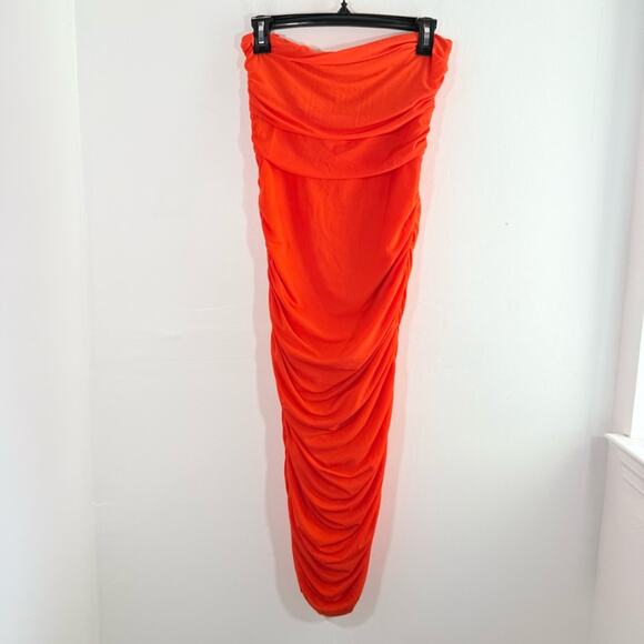 Simon Miller Mesh Jota Orange Yellow Strapless Ruched Midi Dress Size Small - Picture 2 of 15